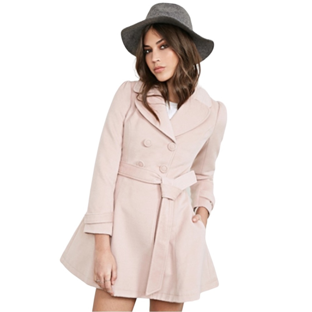 Blush Flared Coat M Double Breasted Tie Waist Belt Princess Pastel A-line